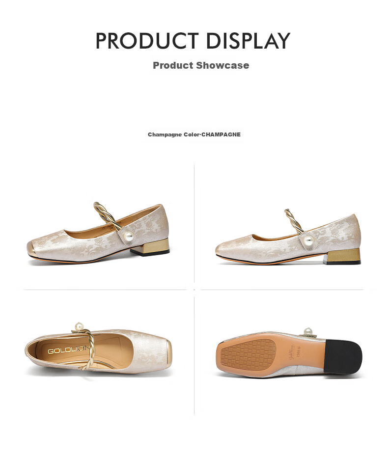 Goldlion Women's Shoes, New Chinese-Style National Fashion Flats, Chunky Heel, Color-Block Mary Jane Shoes, G686430283, Champagne Color, Size 37 10