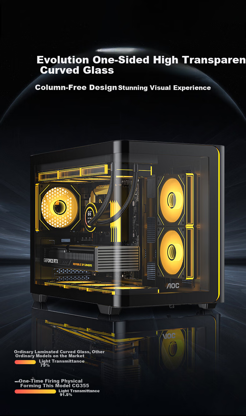 AOC Chengtian Bow CG355 Black MATX Desktop Computer Case, Integrated Curved Tempered Glass/360mm Water Cooling/ARGB Lighting Strip/Left And Right Compartment/Quick Release Desig 1