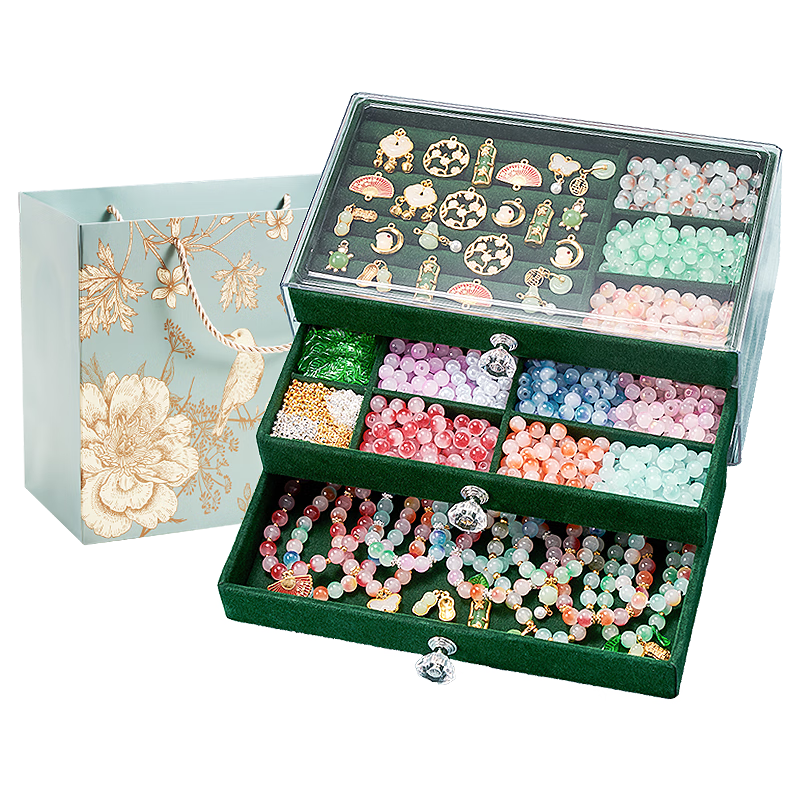 Dimoarch Children's Vintage Style Beading Gift Box Toy, Girls' Birthday Present, Hair Accessories, Glass Handmade DIY Pretend Play Toy, Gree