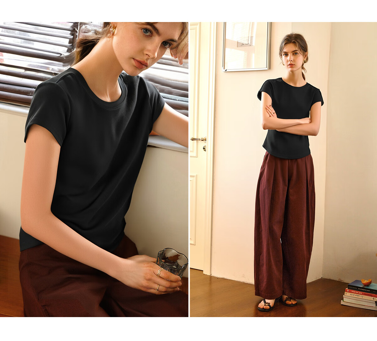 Olrain Oureier Round Neck Simple Versatile T-Shirt Women's Summer Short Sleeve Small Size Top Black M 37
