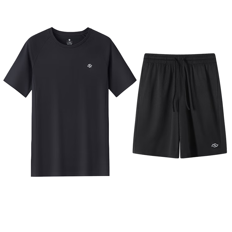JD Jingzao Breathable Running Sports Set Quick-Dry T-Shirt and Shorts Combo Black M