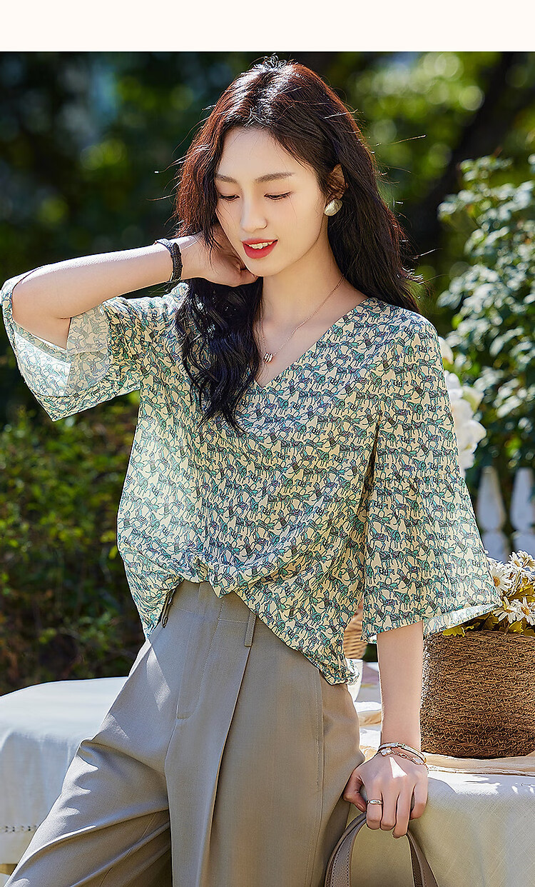 Demana [Artistic Melody] Summer V-Neck Composite Silk Huayao Shirt with Pleated Bell Sleeves Flowing Blouse Women's Top 24