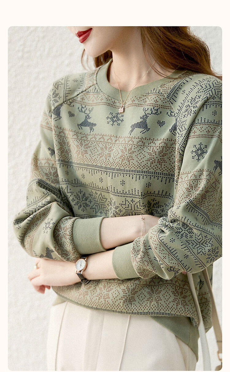 Demana [Forest Fawn] Lightweight Oxygen Cloud Cotton Ribbed Crewneck Printed Stretchy Long Sleeve Sweatshirt for Women 2