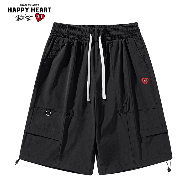 Chaersitaoxin Men's Shorts, Summer Heart Embroidery Straight-Leg Drawstring Loose Casual Cargo Five-Point Pants, Black, L