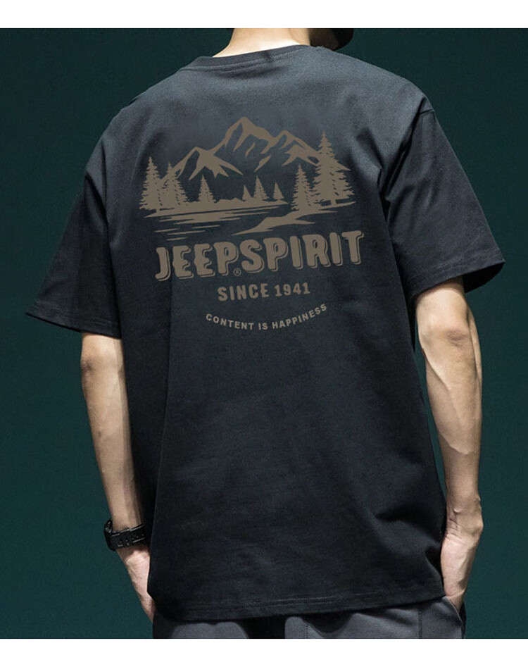JEEP SPIRIT Heavyweight Short-Sleeve T-Shirt for Men, Summer Large Size Half-Sleeve Tee with American Print Top, Black, XL 9