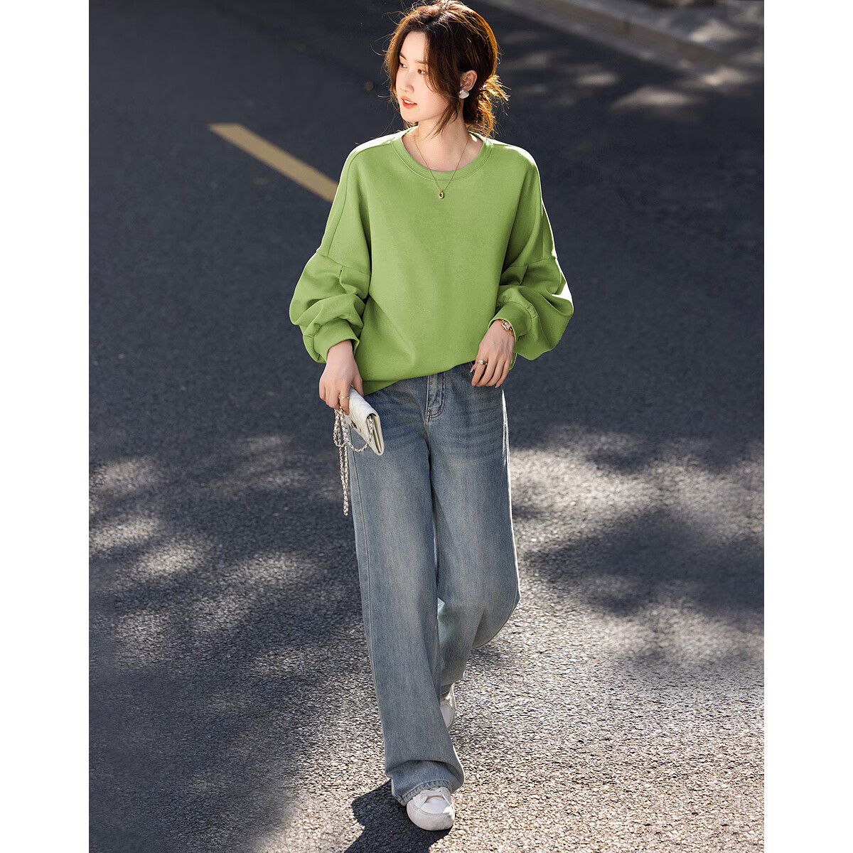 Dme 350G Air Layer Spring Simple Round Neck Lantern Sleeve Loose Fit Sweatshirt for Women