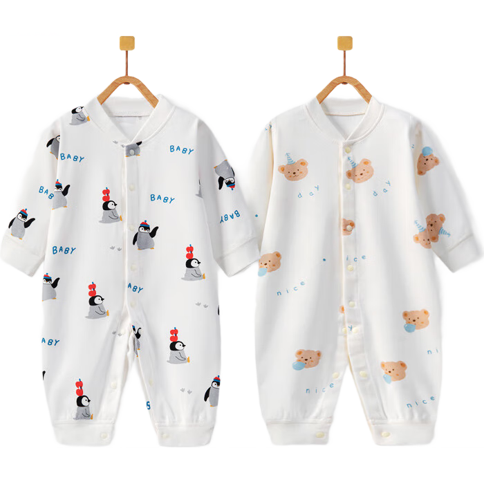 Benjewel Baby Clothes Pure Cotton Seamless Baby Romper Pajamas (Stacked Penguin + Bubble Bear) Size 59