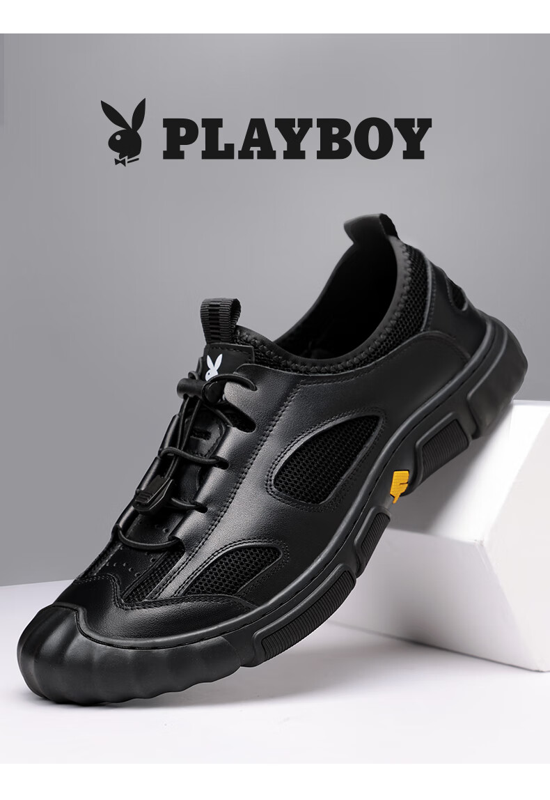 PLAYBOY Men's Shoes, Lightweight Breathable Hollow Business Sandals, Closed-Toe Genuine Leather Middle-Aged Dad Sandals, Dark Brown, Size 38 1