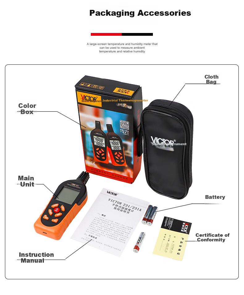 VICTOR Handheld Industrial Thermometer And Hygrometer, High-Precision Home Temperature Meter, Indoor Digital Humidity Detector, VC231 8