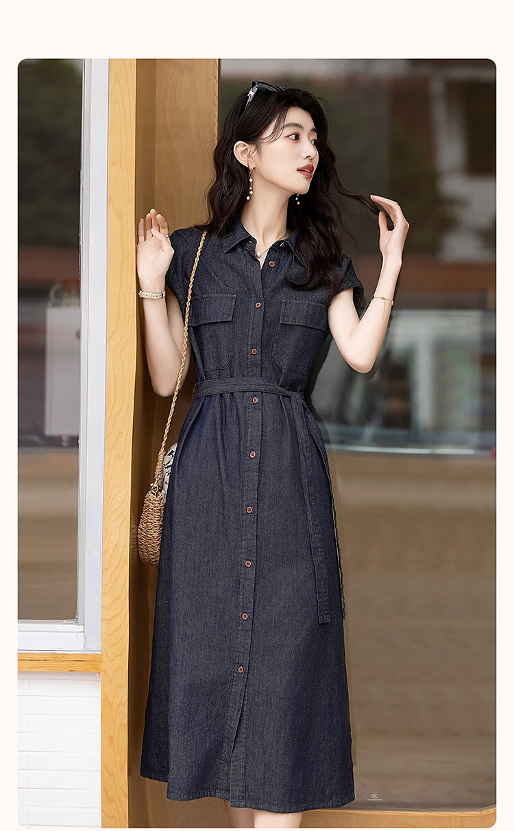 Demana [Goddess of Elegance] Summer Urban Turn-down Collar Patch Pocket Flap Sleeve Belted Mid-length Women's Denim Dress 2