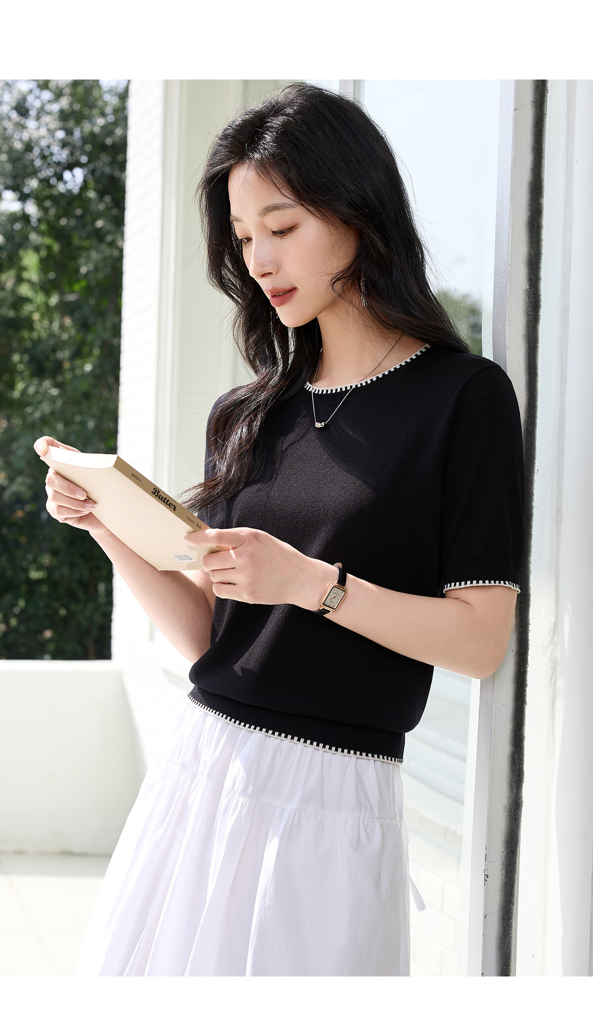 Chushen Summer Knitted Short-Sleeve T-Shirt for Women, Fashionable Round Neck Contrasting Color Design, Simple And Elegant Knitted Top Base Shirt S52T025 9