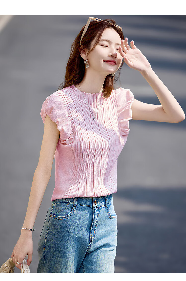 Shangjing Women's Summer Knitwear New French Elegant Puff Sleeve Slim Fit Short Sleeve T-Shirt Top 14