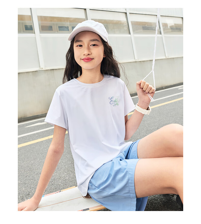 ERKE Girls' Round Neck Knit Short-Sleeve T-Shirt for Older Children, Summer Campus Youth Style, Cream Sweet Peach Color, Size 130 24