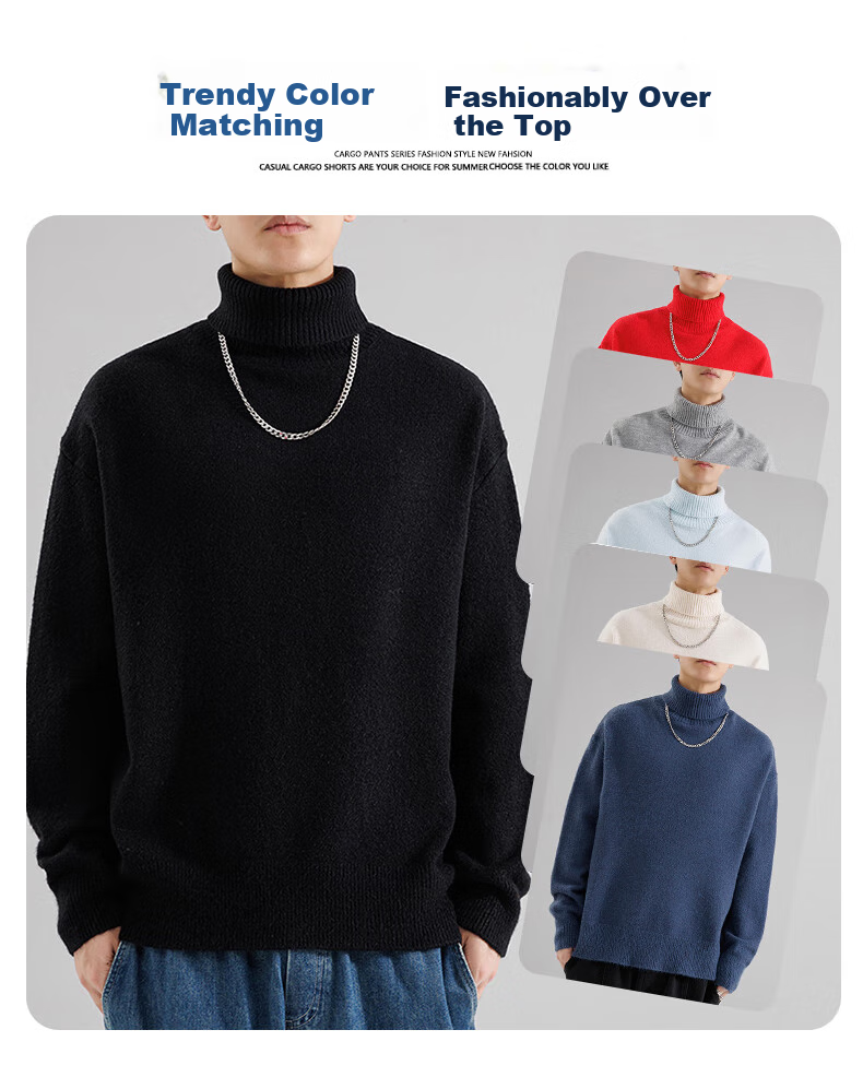 Dingfengbaoluo High Neck Sweater Men Autumn Winter Lazy Style Knitwear Loose Warm Base Shirt Top DFL55 Gray 3XL 3