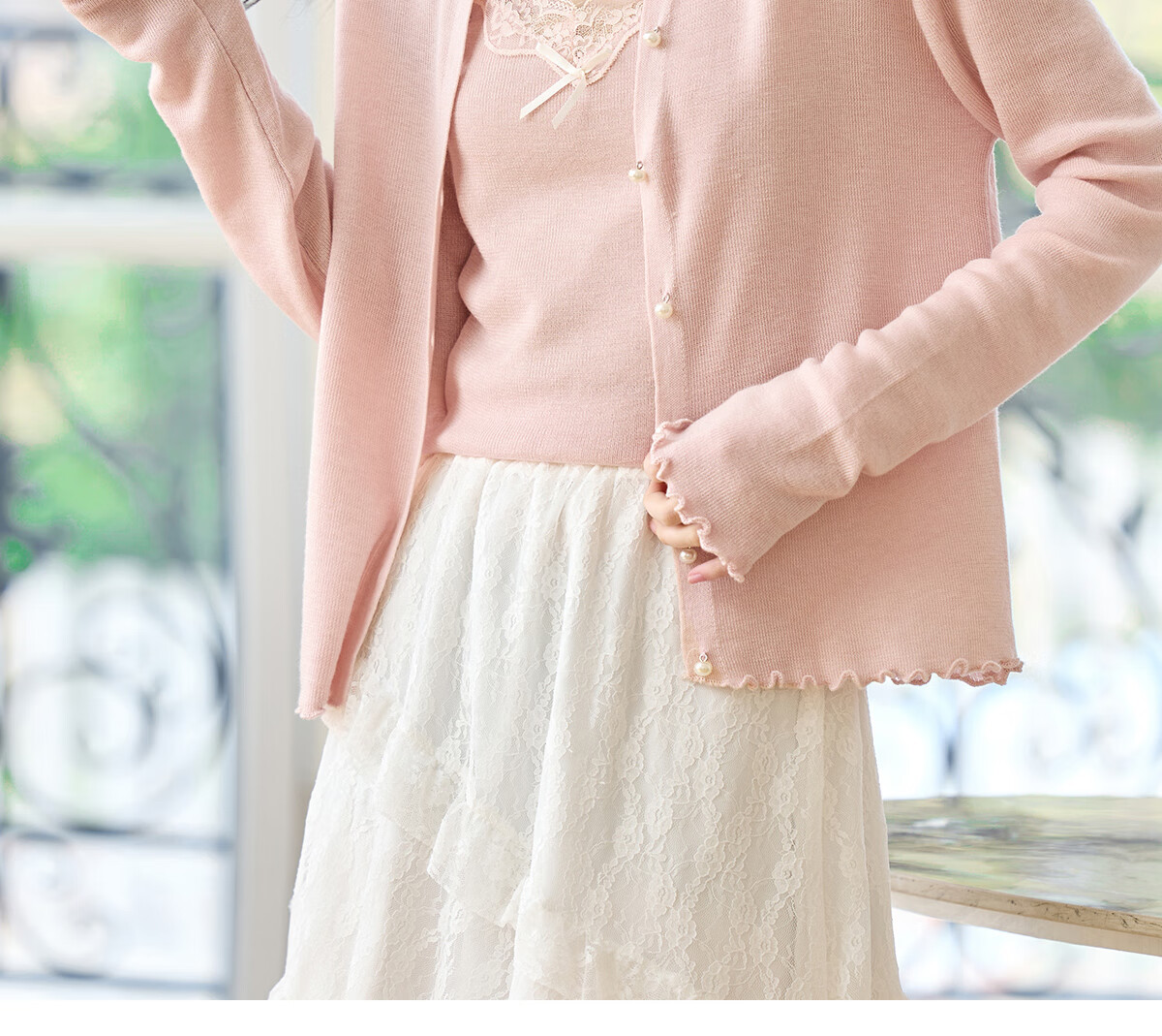 PinCai Knitted Cardigan for Women, Lace Design Inner Vest Two-Piece Set, Thin Knit Outer Jacket P52Z074 59