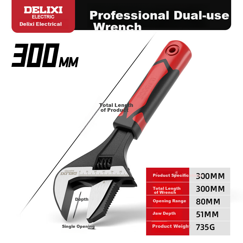 DELIXI ELECTRIC Adjustable Wrench, Multifunctional Plumbing Wrench, Wide-Mouth Adjustable Spanner, Pipe Wrench Dual-Use 12-Inch