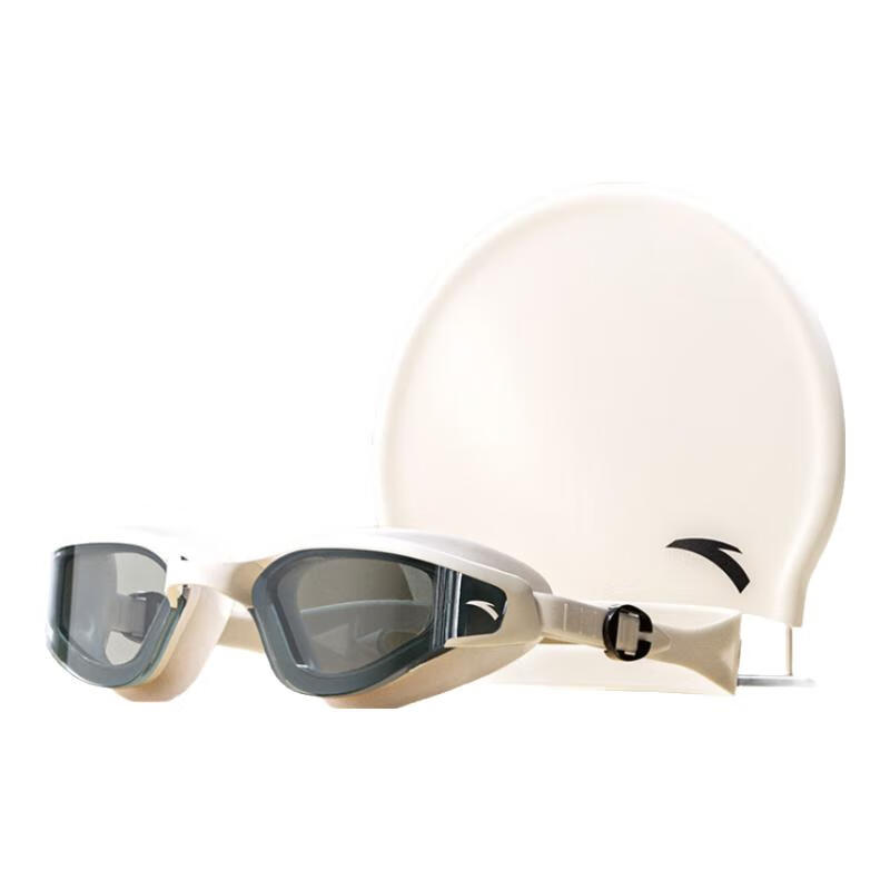 ANTA Mid-Frame Waterproof Anti-Fog Swimming Goggles and Swim Cap Set for Adults, White, Prescription Lenses Model 600