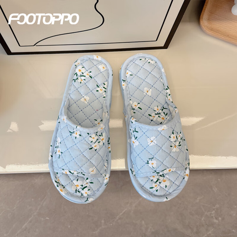 FOOTOPPO Fabric Korean Style Slide Sandals for Women, Bedroom Soft-Soled Silent Wooden Floor Cloth-Soled Slippers, Ladies' Home Cotton Slippers