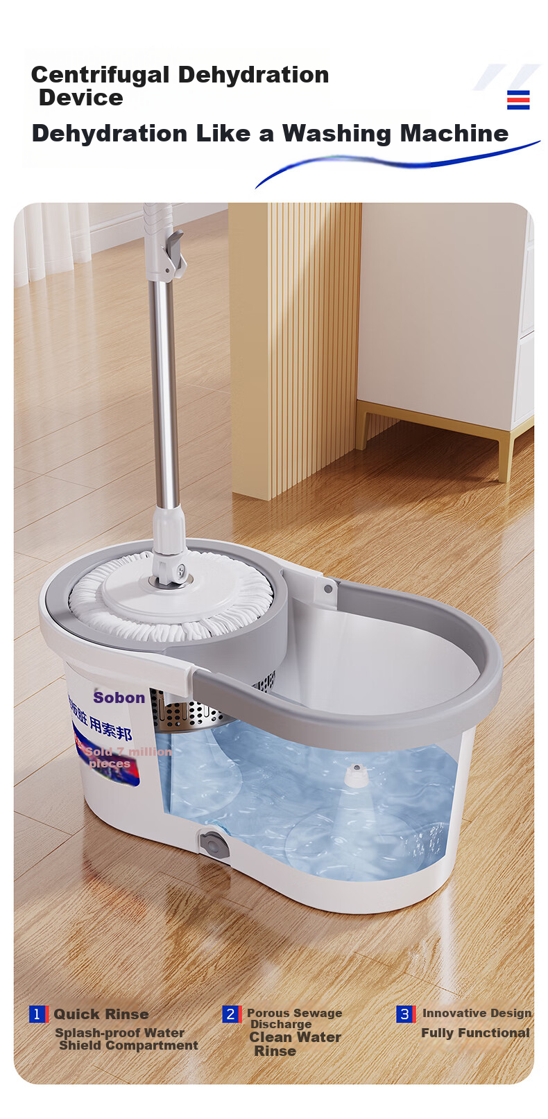 Sobam Rotating Mop, 34cm, 2 Heads, Household All-In No Hand Washing, Dual-Drive Floor Mop, Absorbent Mop Bucket Set 5