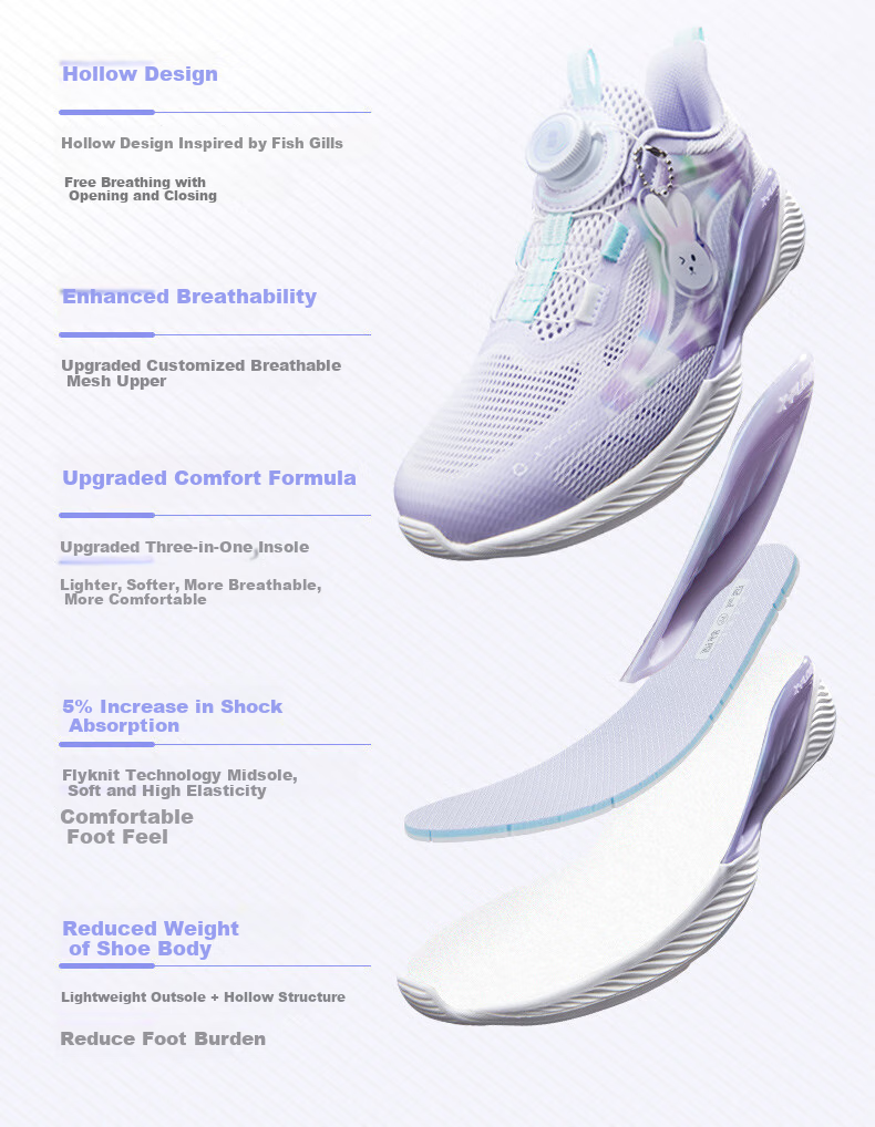 XTEP Children's Hydrogen Wind 5.0 Kids' Multi-Color Breathable Knob Running Shoes, Light Purple/snow Purple, Size 37 2