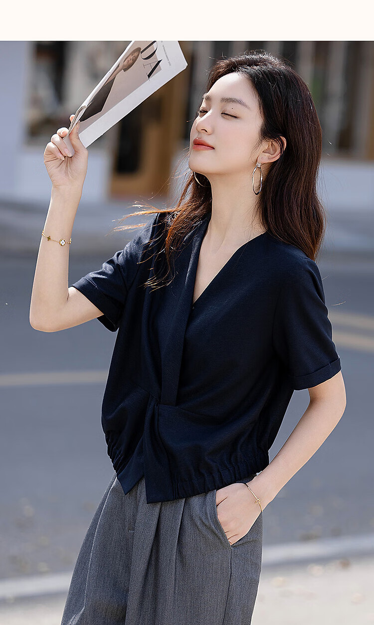 Dme [Straight to The Sky] Autumn TR Bright Silk Faux Denim Shirt with Twisted Elastic Hem, Women's Top 14