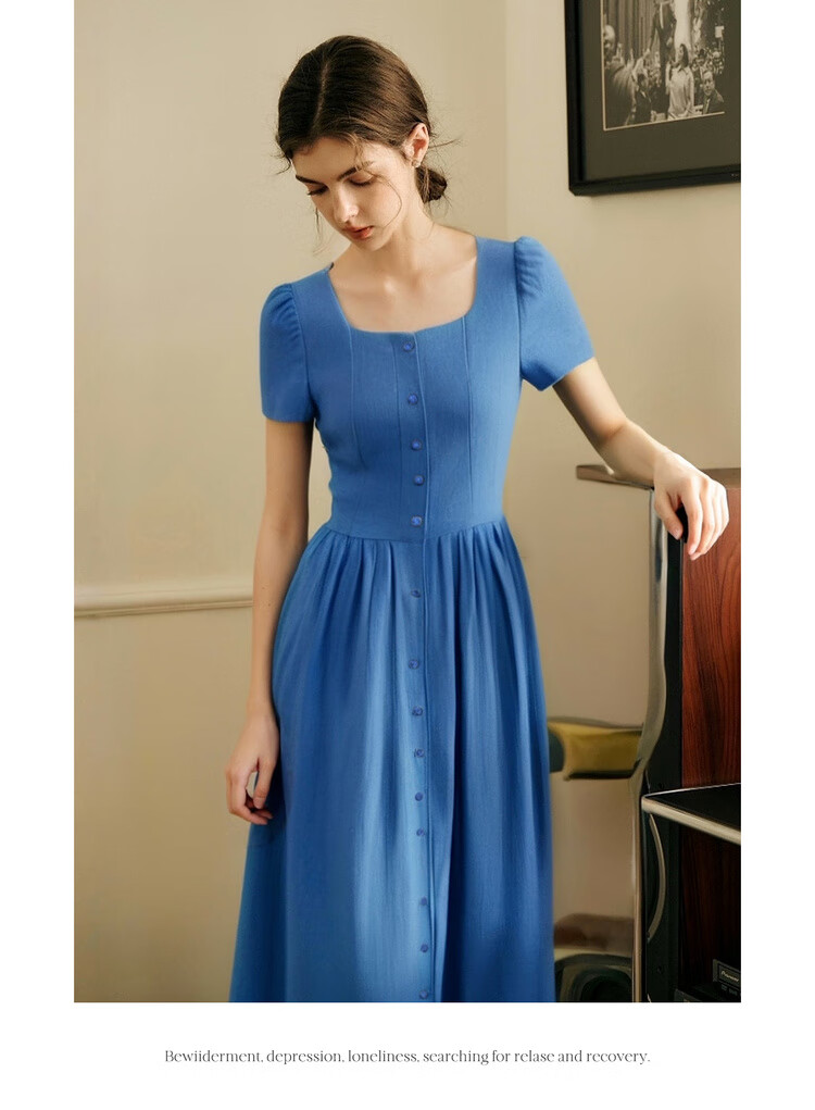 Olrain Eurielle Summer Women's Commuter Lyocell Dress Square Neck Waist Cinch Vacation Maxi Dress Klein Blue S 15
