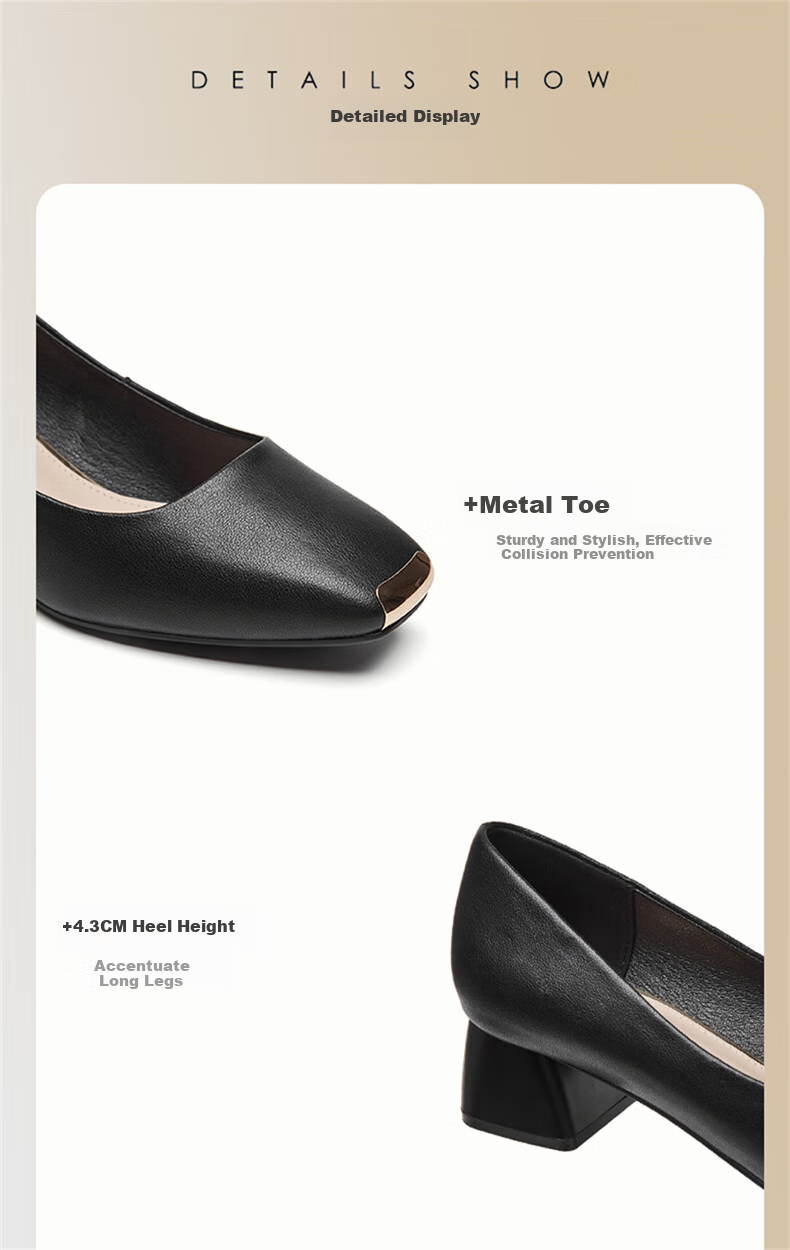 Dafuni Square Toe Medium Heel Chunky Heel Shallow Mouth Women's Flats, Versatile Comfortable Leather Shoes, Women's Work Shoes for Office, 4622101001, Black, Size 35 7