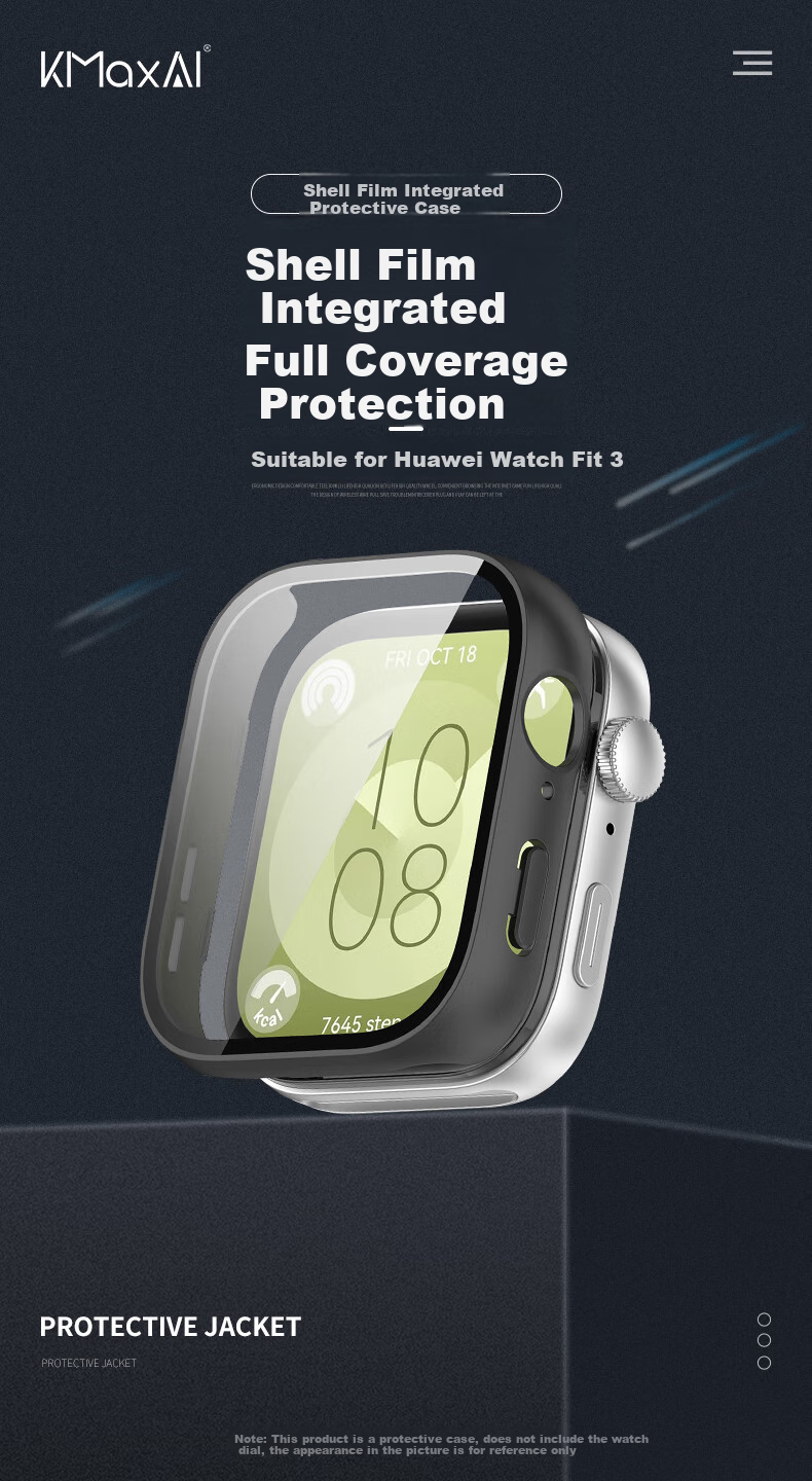 KMaxAI Protective Film And Case for Huawei Watch Fit3, All-In Full Coverage, Watch Face Screen Protector & Protective Cover, Anti-Fingerprint Hard Shell + Tempered Glass Film, Matte Silver 1