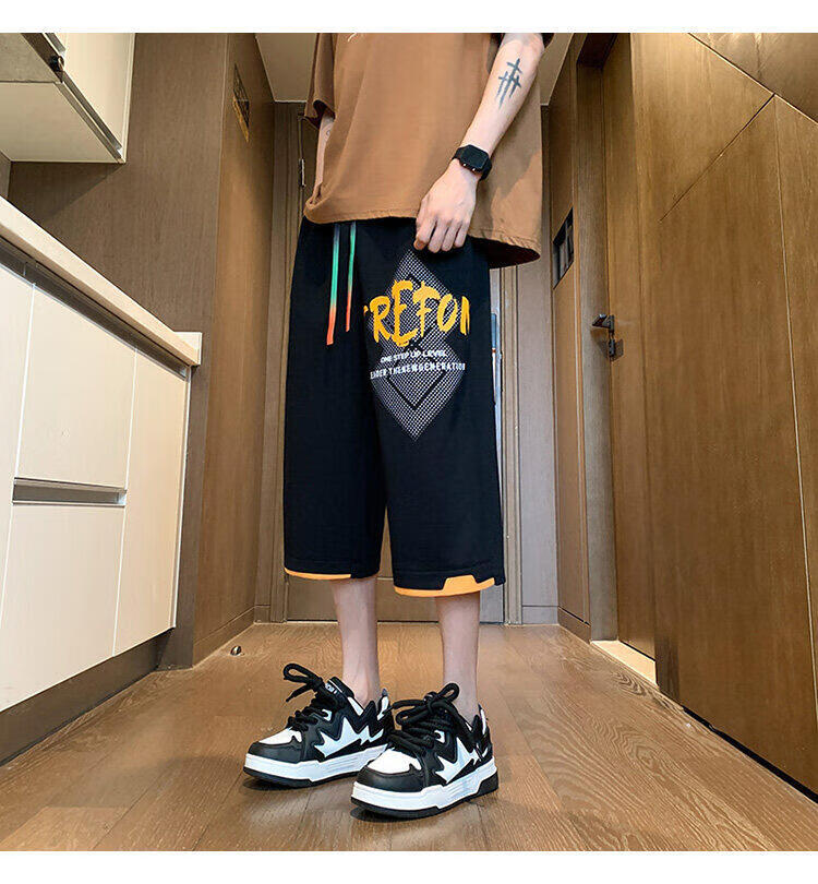 Zuofeili Men's Trendy Summer Shorts, Lightweight Loose-Fitting Cool Ice Silk Seven-Eighths Length Shorts, Fashionable Youth Casual Pants 9