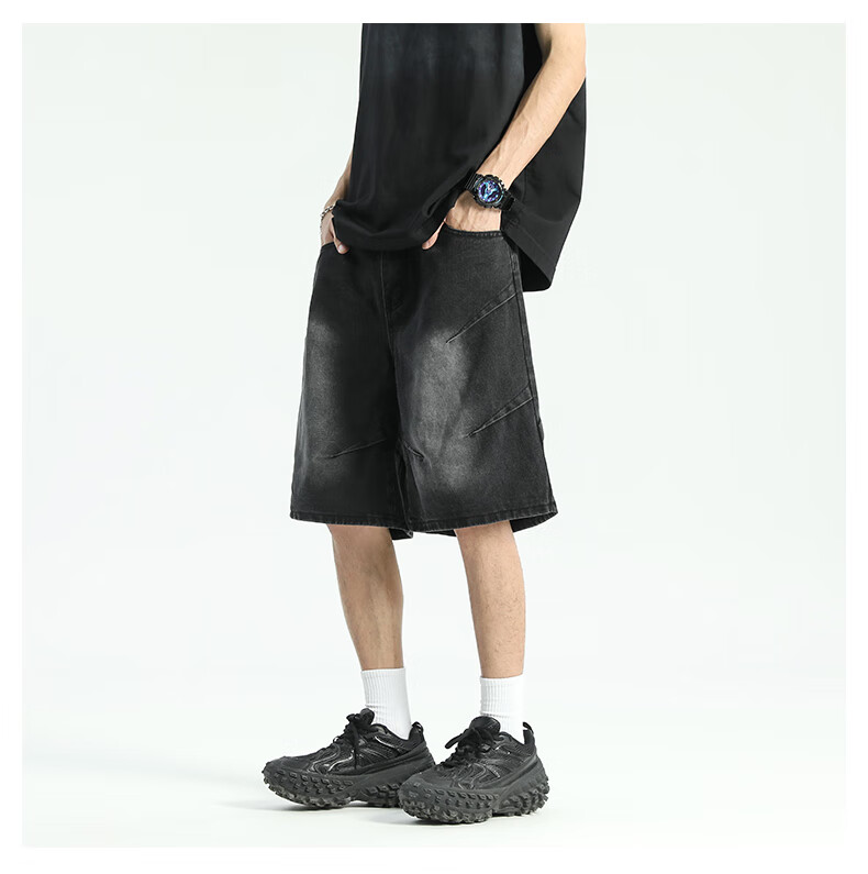 IZEXX American-Style Pleated Denim Shorts for Men, High Street Washed Vintage Loose Casual Five-Point Pants IZ029 Black 2XL 5