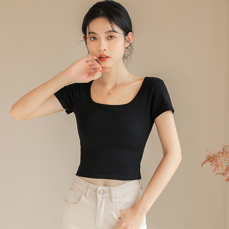 TUCANO Square Neck Short Sleeve T-Shirt for Women, Summer New Style Petite Cropped Crop Top, Black, 2XL