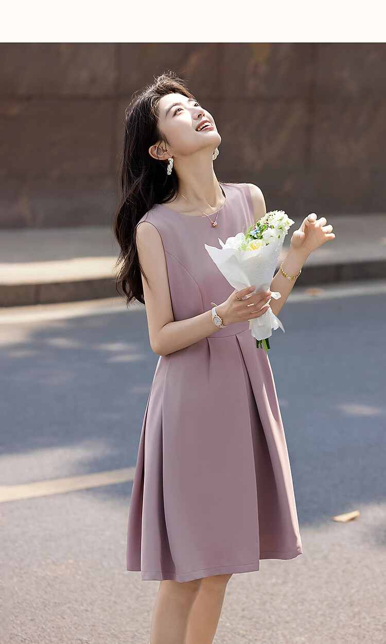 Dme [Urban Design Style] Summer Textured Linen Round Neck Waist-Cinching A-Line Pleated Women's Dress 11