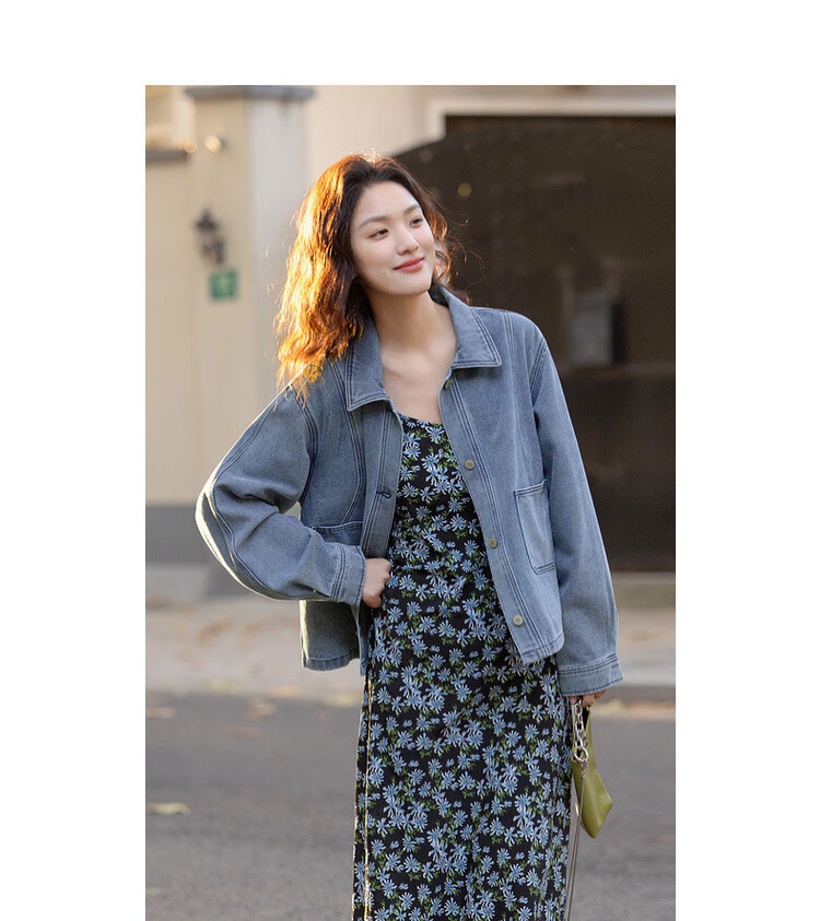Dme [Gangdao Holiday] Spring Hong Kong Style Cloud-Feel Cotton Design Curved Line Divided Lapel Slimming Women's Denim Jacket 3