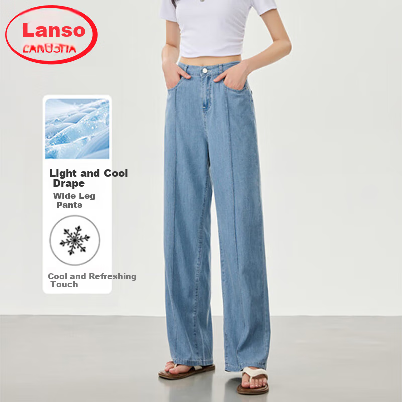 LangSha Stylish Mid-Rise Wide-Leg Pants, Summer Tencel Denim Jeans for Women, High-Waisted Slimming Draping Loose Ice Silk Straight-Leg Trousers