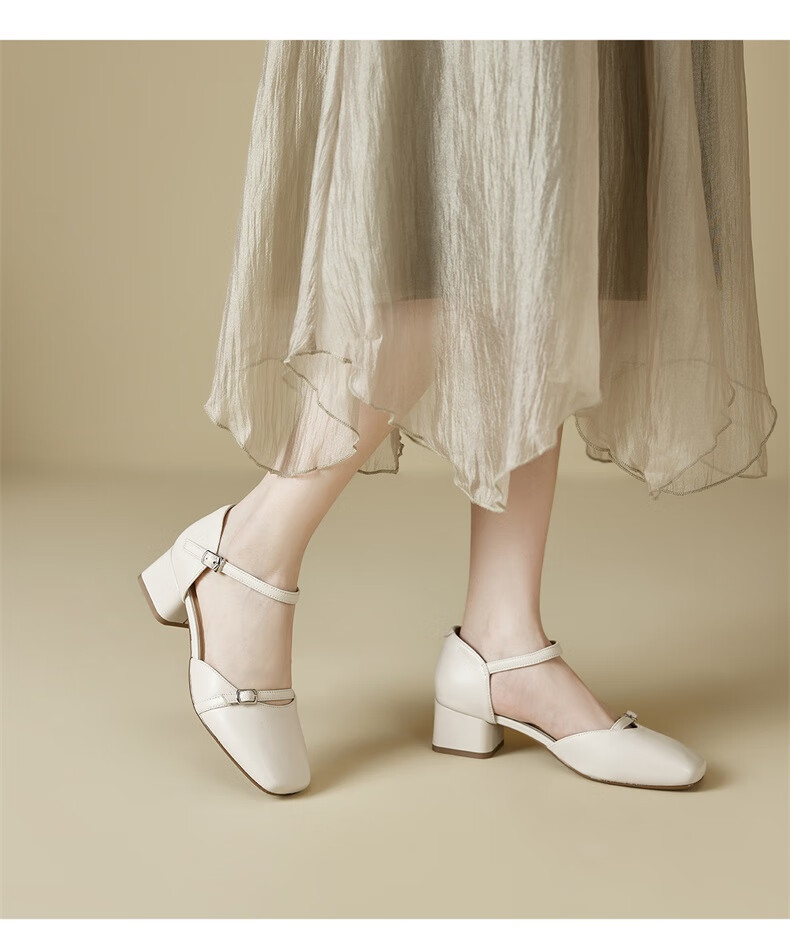 Yierkang Women's Sheepskin Chunky Heel Closed-Toe Sandals, Fairy-Style Mary Jane Backless Pumps, 17896W Off-White 2, Size 36 5