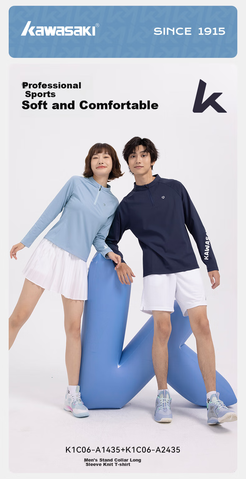 KAWASAKI Badminton Shirt for Men, Long-Sleeve Sports Top, Knitted T-Shirt A1435, Navy Blue, XL 3