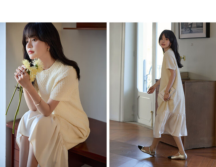MT Oil Painting Gardenia Spring Gentle Wrinkle Texture Satin Patchwork Slimming Short Sleeve Mid-Length Dress for Women 6