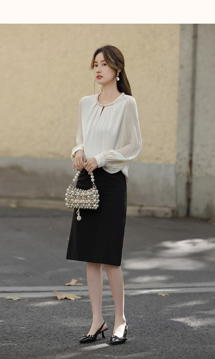 Dme [Selected Satin with Luster Yarn] Spring And Autumn Color-Block Round Neck Knit Strap Blouse, Pleated Patchwork Shirt, Women's Top 11
