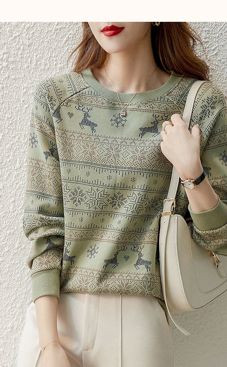 Demana [Forest Fawn] Lightweight Oxygen Cloud Cotton Ribbed Crewneck Printed Stretchy Long Sleeve Sweatshirt for Women 8