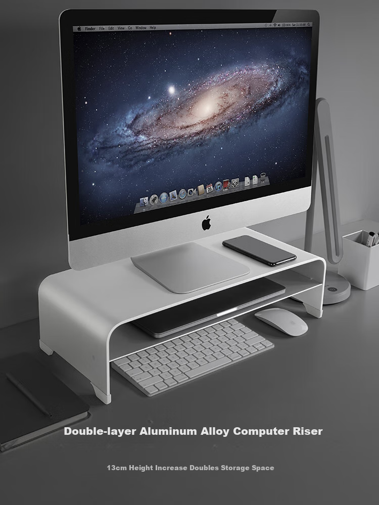 Luwei Monitor Riser Stand, Storage Rack Base, Laptop Stand, Aluminum Alloy Cooling Stand, Keyboard Organizer Shelf, Large Double-Layer Silver - 13cm High ZG1071 1
