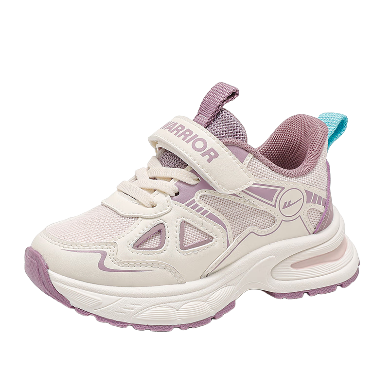 Warrior Girls' Spring and Autumn Mesh Breathable Soft Sole Children's Sports Shoes WZ(CL)-1121 Beige/Pink/Purple Size 34