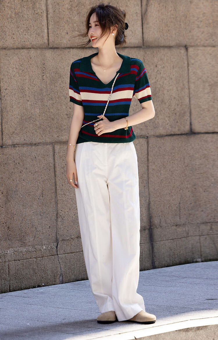 Dme [Tangguo Duoban] Summer Youthful Cool Ice Silk Contrasting Striped V-Neck Sweater Women's Top 10