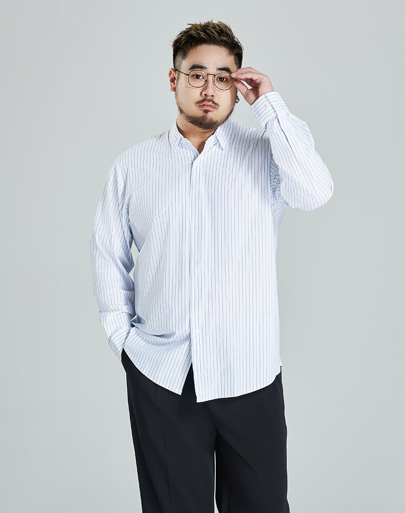 Ayoupang Summer Plus Size Pullover Striped Long-Sleeve Shirt, Loose Fit for Chubby Men, Ice Silk High-Elasticity Wrinkle-Resistant Non-Iron Shirt 8