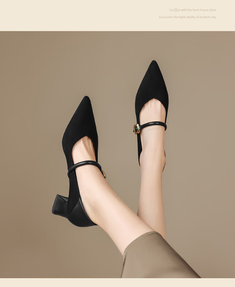 ZHR Zese Mary Jane Women's Pointed Toe Summer Single Shoes Shallow Mouth Chunky Heel One-strap Shoes BL379F Beige 37 8