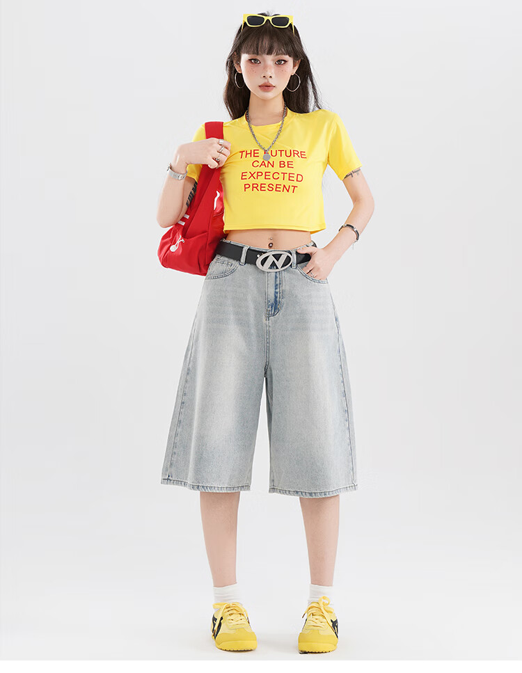 Free Style Vintage High Waist Denim Shorts Women 2026 Summer New Loose Slim Fit Petite Straight Wide Leg Cropped Pants 13
