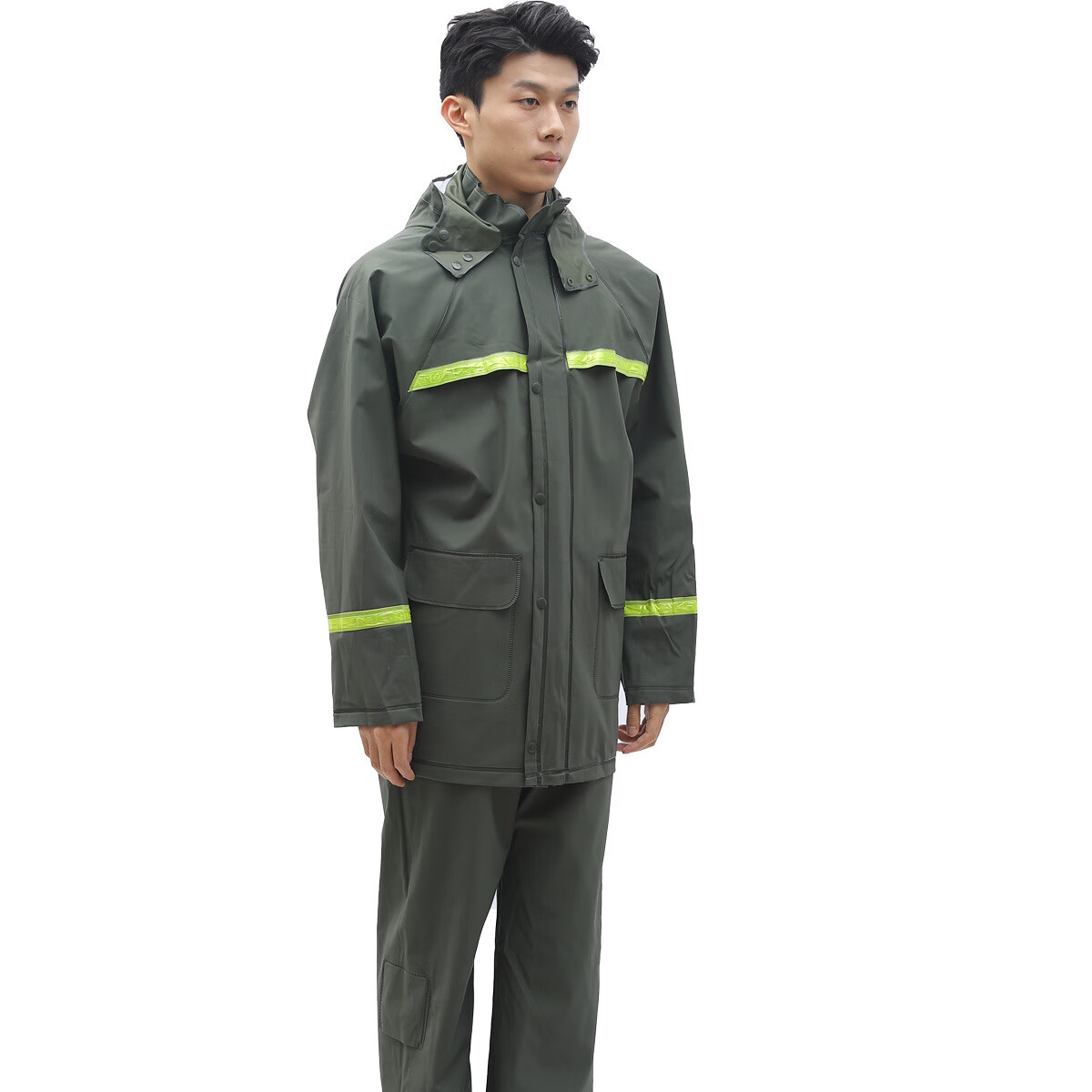 BAIGE High-Visibility Reflective Two-Piece Raincoat and Rain Pants Outdoor Adult Anti-Storm Rider Duty Flood Control Knitted Fabric Hooded Set Two-Piece Set Green 2XL CW714081 6