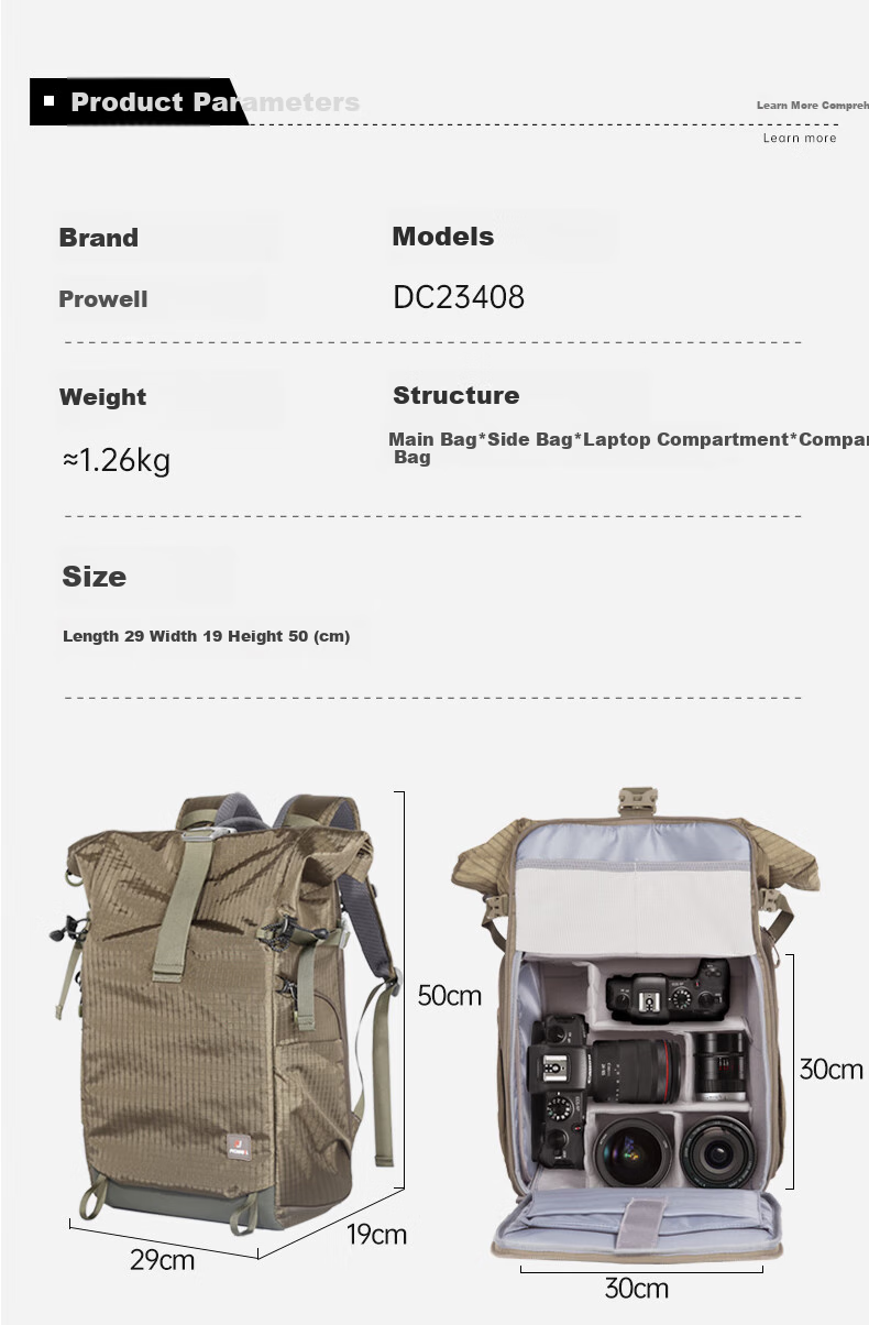 Pulewei Prowell Camera Backpack, Photography Bag for Mirrorless And DSLR Cameras, Multifunctional Outdoor Backpack for Men And Women, Professional Large Capacity Waterproof Hiking Outdoor Backpack 2