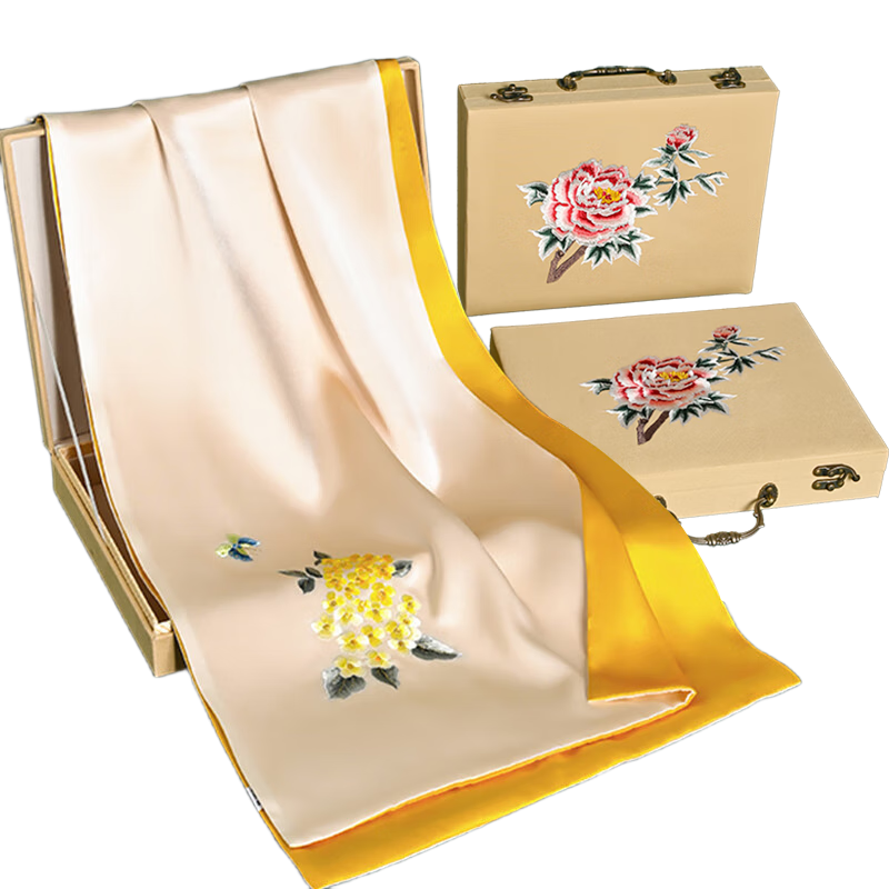Hangsilu Suzhou Embroidery Silk Scarf for Women, High-Quality Mulberry Silk Embroidered Gift Box, Holiday Gift for Mom, Birthday Present for Elders