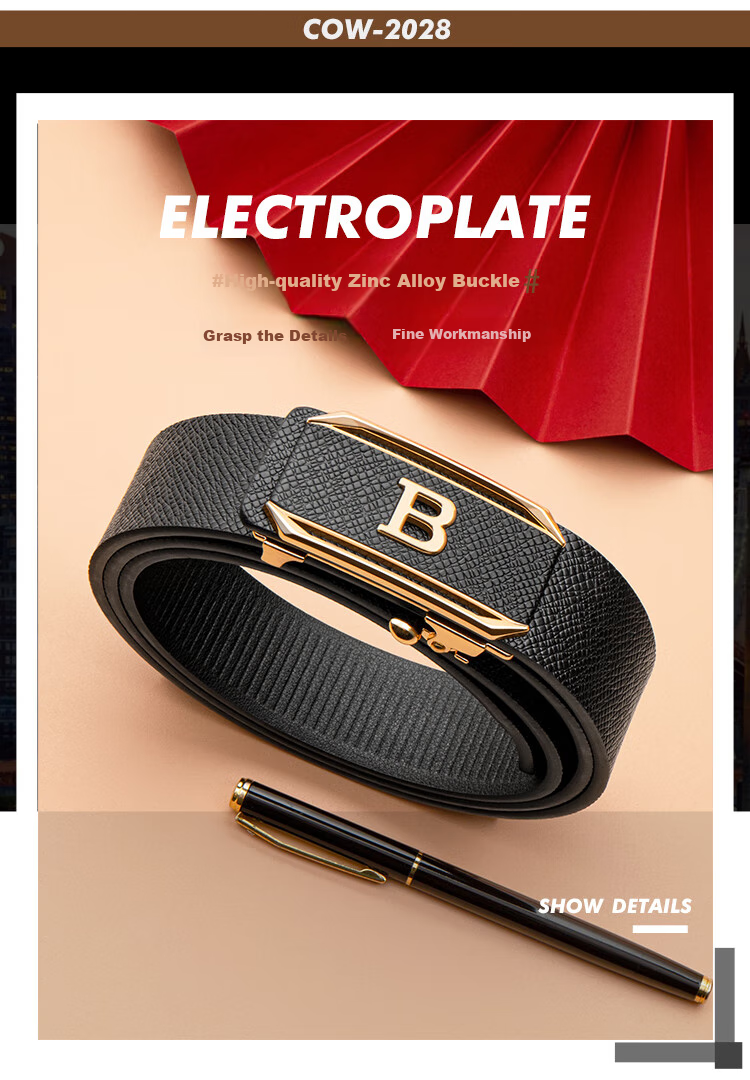 COW Men's Belt, Automatic Buckle without Teeth, Cowhide Waistband, Gift Box, Simple Business Style, Trouser Belt, Father's Day Gift, 2028 3