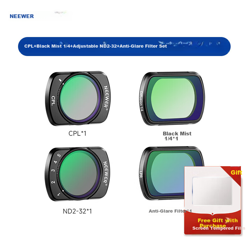 NEEWER Filter Kit Compatible with DJI Pocket 4/3 Camera, Magnetic Quick-Release ND Filter, CPL Polarizing Filter, Black Soft 1/4 Neutral Density Filter, Anti-Light Pollutio